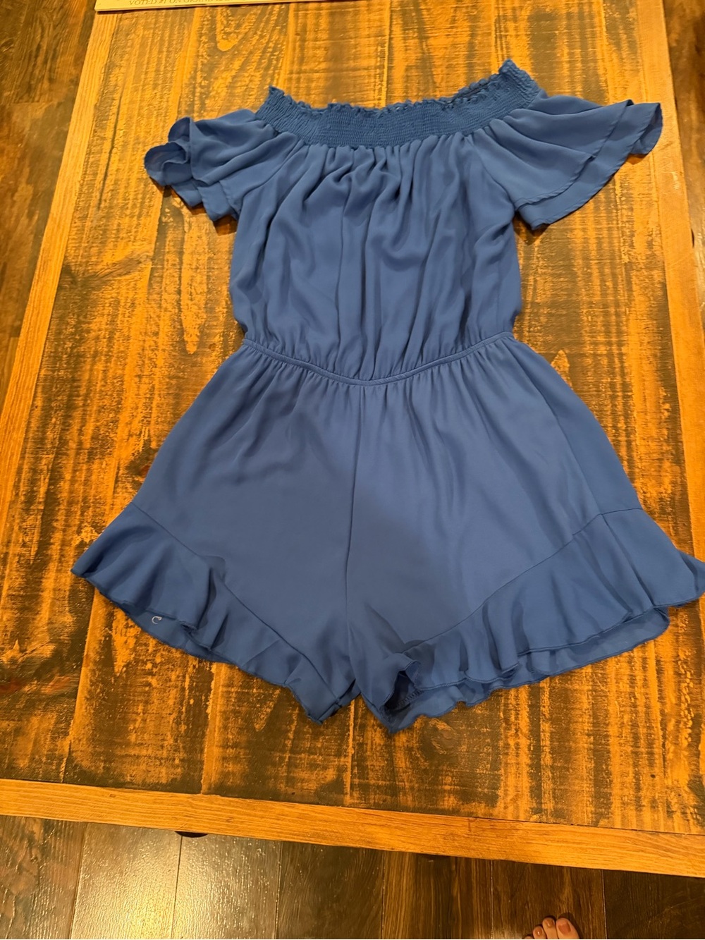 Blue Rain Off-Shoulder Ruffled Blue Romper